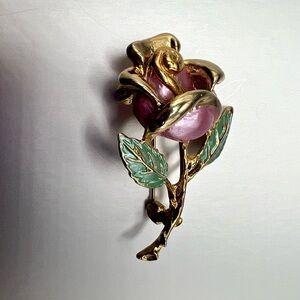 Pink Green Enamel Rose Flower Vintage Brooch